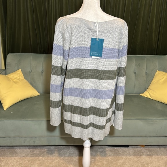Market & Spruce Grey Sweater With Blue And Olive Stripes NWT - Picture 4 of 6
